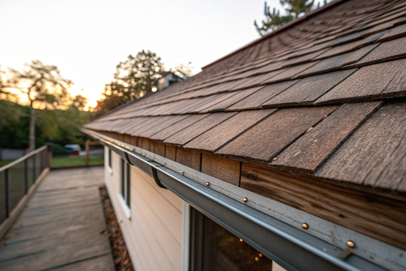 Thick new brown architectural shingles along a roof edge and gutter in evening light
