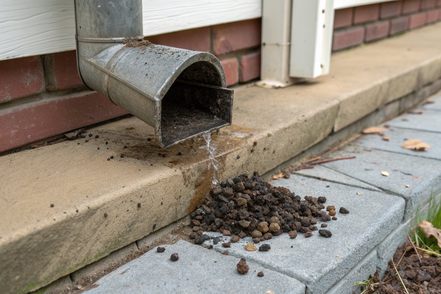 Dark shingle granules washed out of a downspout onto a concrete splash block