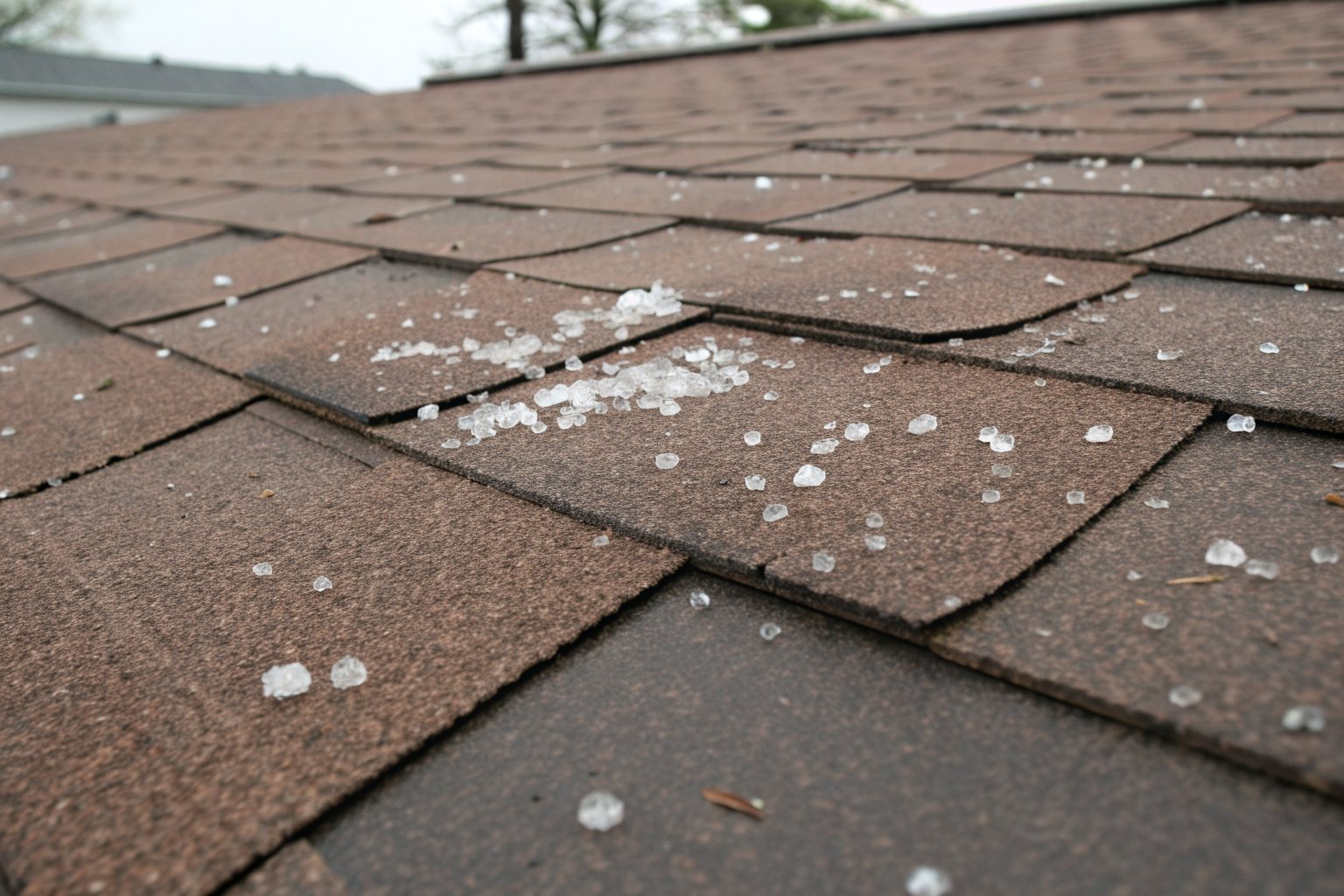 Close view of brown shingles with hail marks and small hailstones after a storm