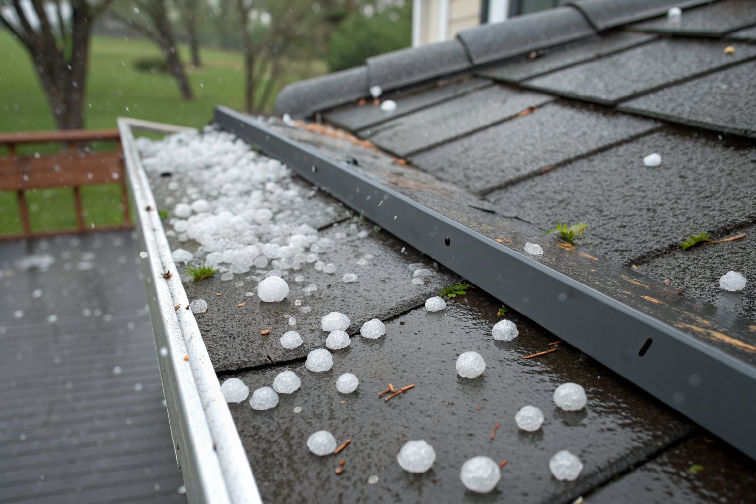 Hailstones collected in a gutter and scattered across a wet dark shingle roof