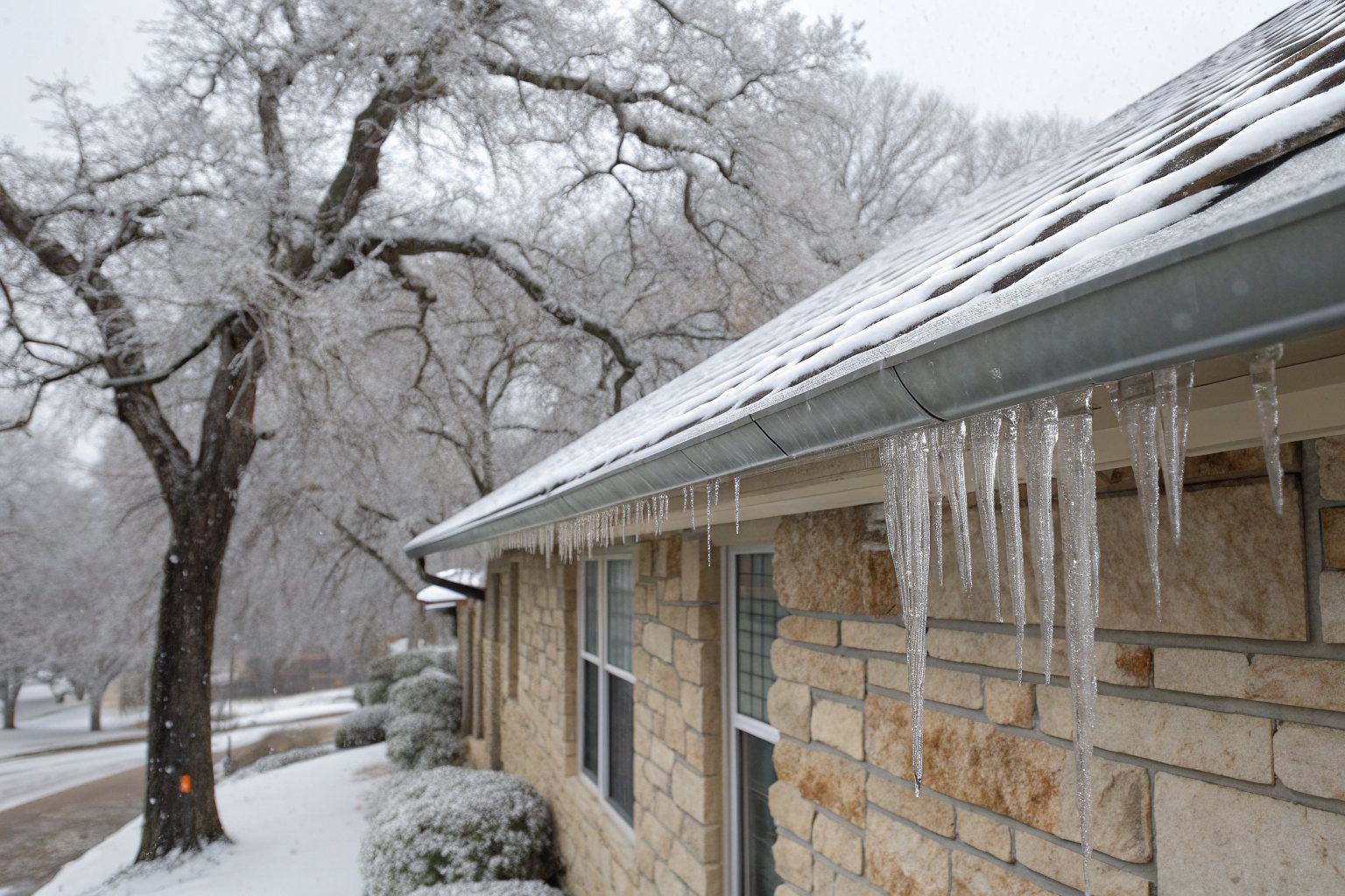 Icicles and a thin layer of snow along the gutter of a stone house during a winter storm