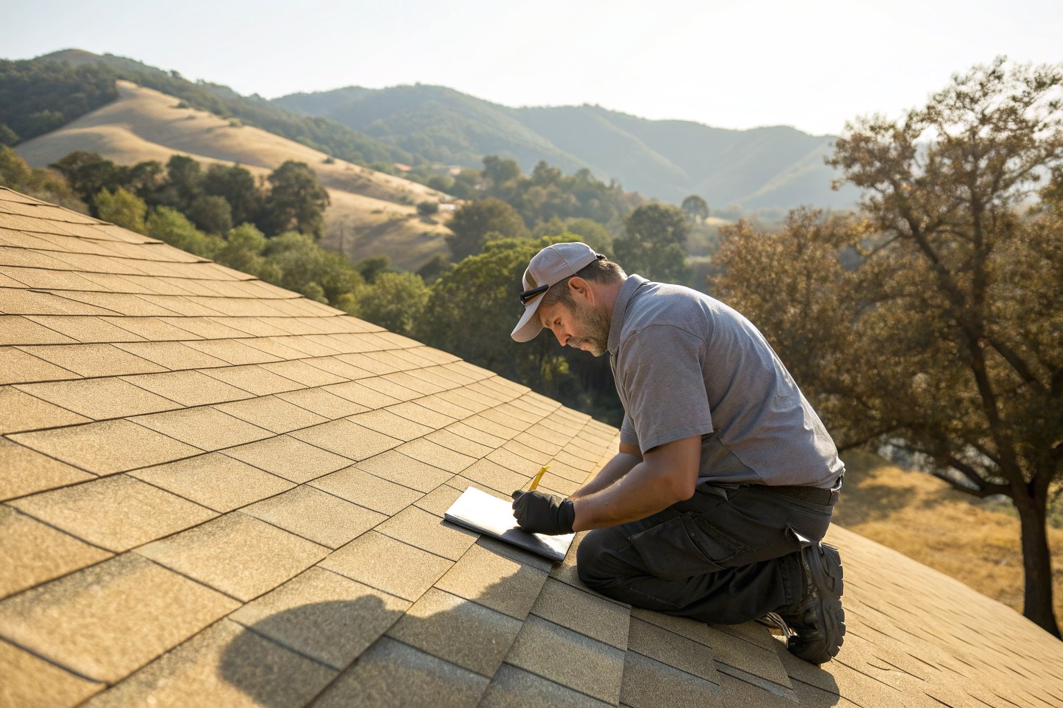 A roof inspector kneeling on a tan shingle roof and taking notes, with rolling hills behind
