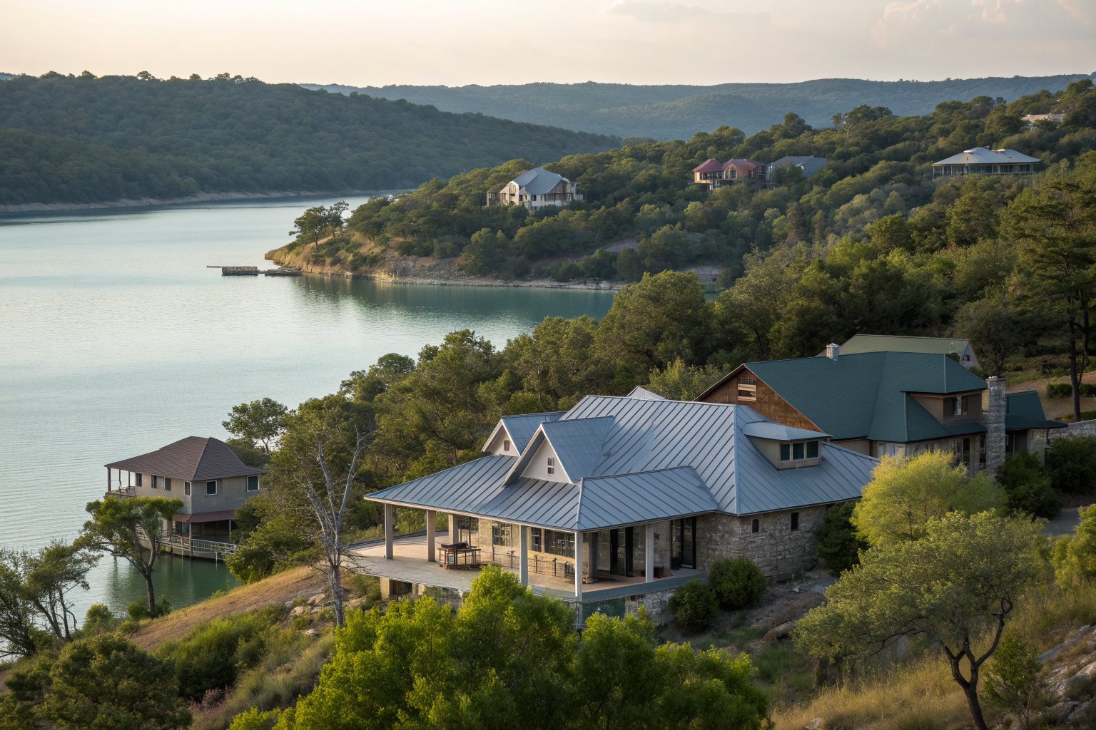 Homes with metal and shingle roofs on a wooded hillside above a calm green lake