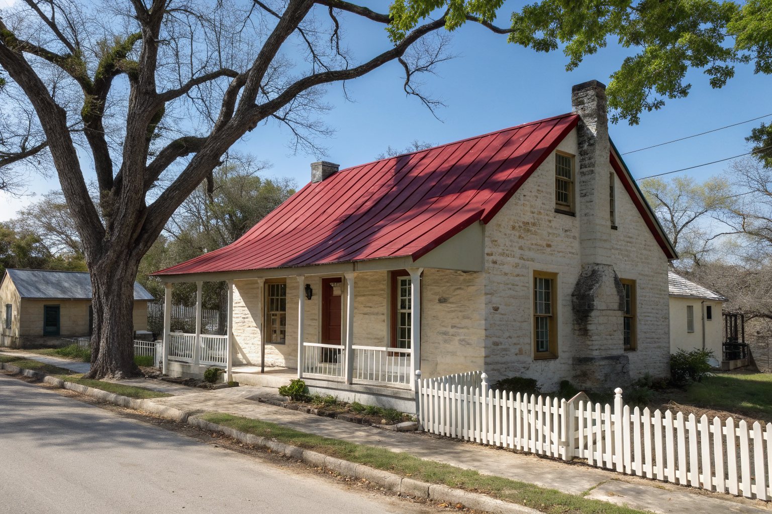 An old limestone cottage with a red metal roof, a small porch and a white picket fence