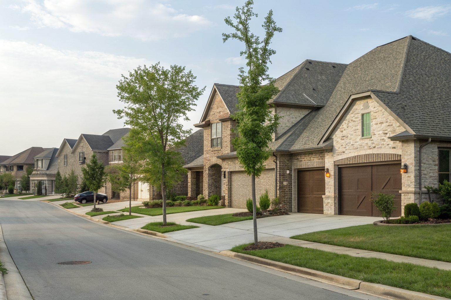 A street of newer two-story stone and brick homes with gray shingle roofs and young trees