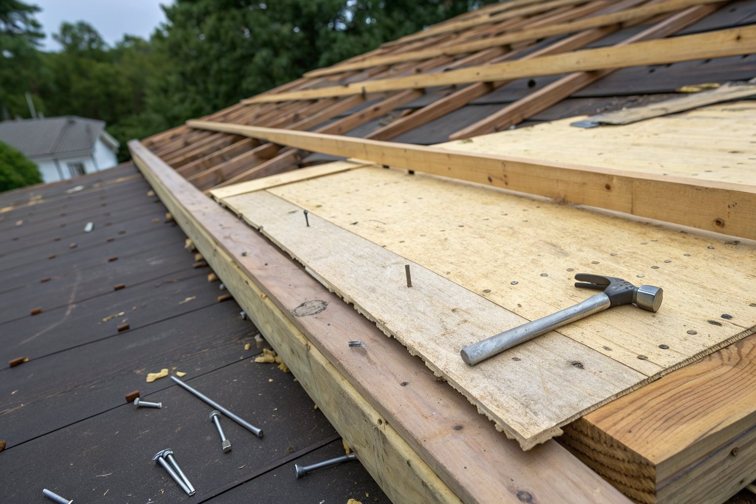 New plywood decking boards nailed over rafters during a re-roof, a hammer and nails beside them