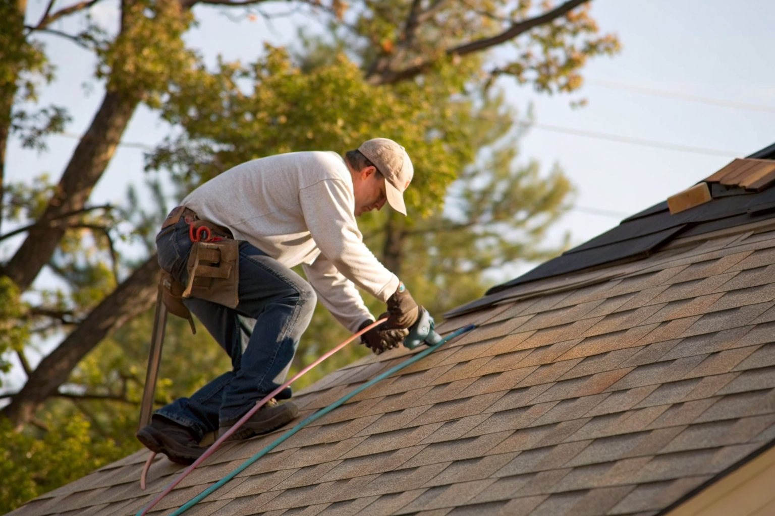 A roofer nailing ridge cap shingles along the peak of a new shingle roof