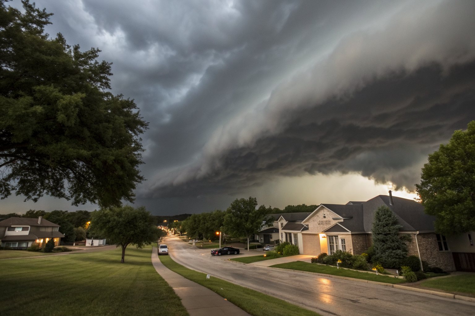 A dark shelf cloud rolling over a suburban street of stone and brick homes under big oaks