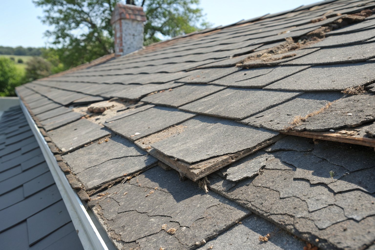 Close view of old gray shingles, cracked, curled and blistered by years of sun