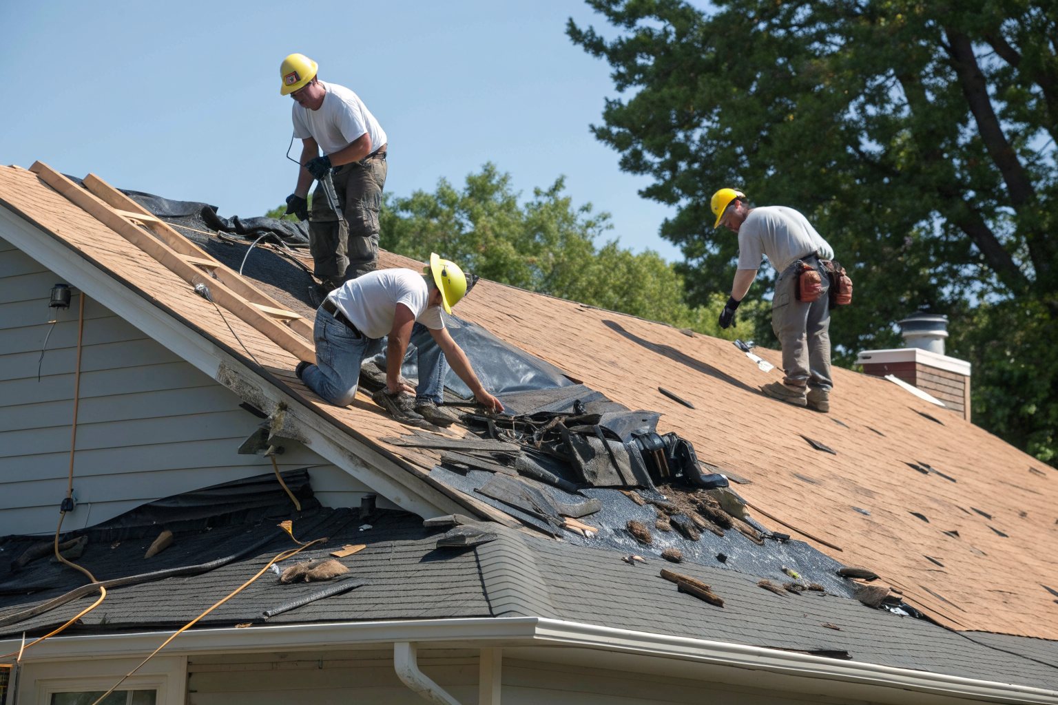 Three roofers in hard hats stripping old shingles off a house, bare wood decking showing