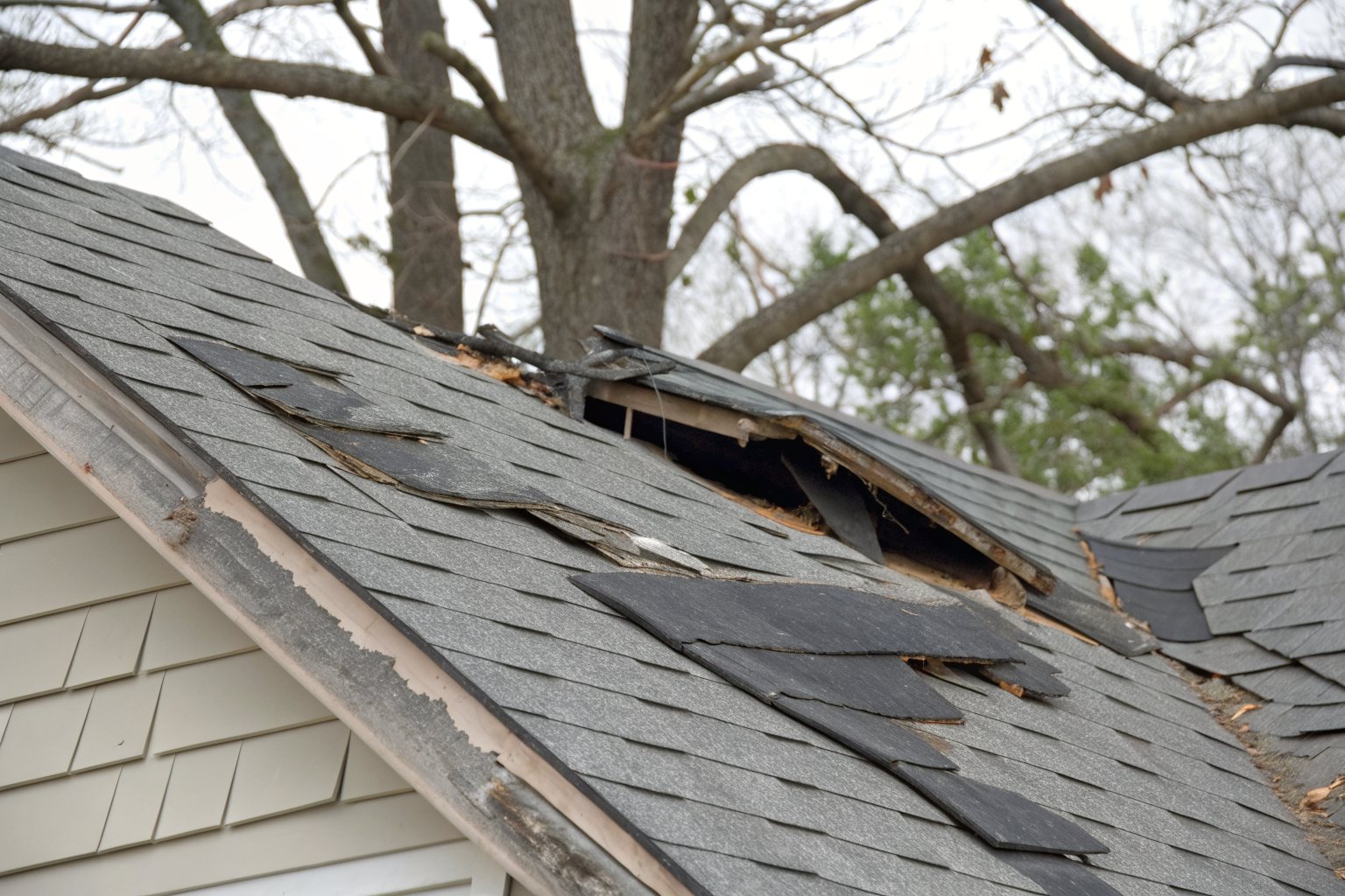 Shingles torn loose near a roof ridge by wind, with bare branches behind